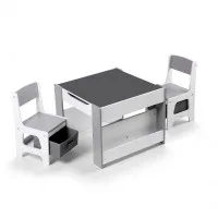 Keezi 4-in-1 Kids Wooden Activity Table Set with Storage, Reversible Blackboard/Whiteboard, 2 Grey Ergonomic Chairs