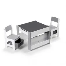 Keezi 4-in-1 Kids Wooden Activity Table Set with Storage, Reversible Blackboard/Whiteboard, 2 Grey Ergonomic Chairs