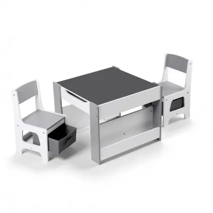 Keezi 4-in-1 Kids Wooden Activity Table Set with Storage, Reversible Blackboard/Whiteboard, 2 Grey Ergonomic Chairs