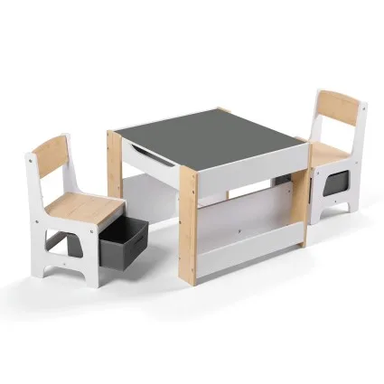 Keezi 4-in-1 Kids Table Set: Natural Wood Activity Table w/ Bookcase, Storage & Reversible Blackboard/Whiteboard