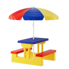 Keezi Kids Outdoor Table & Chairs Set with Adjustable Umbrella, Multicoloured Plastic, for Ages 3-6, Indoor/Outdoor Fun