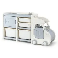 Keezi Car-Shaped Toy Storage Organiser with 4 Bins & Cabinet, HDPE, Child-Friendly Design, 121.5x31.5x66cm, White