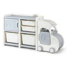 Keezi Car-Shaped Toy Storage Organiser with 4 Bins & Cabinet, HDPE, Child-Friendly Design, 121.5x31.5x66cm, White