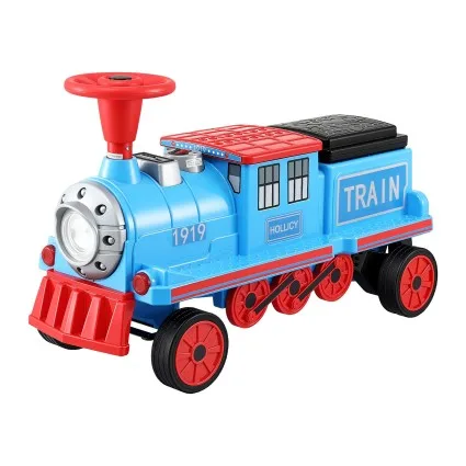 Rigo Kids Ride On Train Two Seater 12V Electric Toy with Storage and MP3 Player Dual 35W Motors Blue