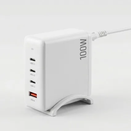 Devanti 100W GaN USB-C Charger 4 Port Desktop Station White 3x USB-C 1x USB-A Fast PD Charging 100W Total