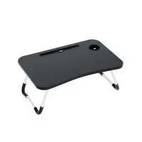 Artiss Foldable Laptop Desk Table, 60x40cm MDF, Adjustable Portable Lap Tray with Cup Holder & Tablet Slot, Black