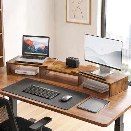 Artiss Dual Monitor Stand Riser Adjustable Rotating Extendable Top MDF 80–112 cm Rustic Brown Ergonomic