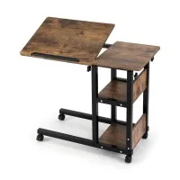 Artiss 3 Tier Adjustable Laptop Desk, Tiltable Overbed Table with Wheels, 80cm MDF Rustic Brown, Heavy Duty Steel Frame