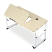 Artiss Mobile Laptop Desk Over-bed Table Adjustable Height Tilting Desktop Light Oak 120x60cm with Mouse Board