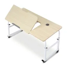 Artiss Mobile Laptop Desk Over-bed Table Adjustable Height Tilting Desktop Light Oak 120x60cm with Mouse Board
