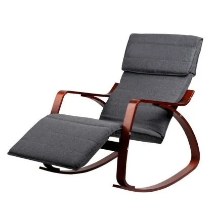 Artiss Bentwood Rocking Armchair with 5-Range Adjustable Footrest Charcoal Grey Linen Nursing Chair