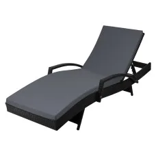 Gardeon Sun Lounge Wicker Patio Chair - Adjustable Aluminium Frame, 4 Positions, Black with Grey Cushion, 190cm