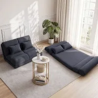 Artiss Floor Lounge Sofa Bed and 2-Tier Coffee Table Set Adjustable Charcoal White and Gold