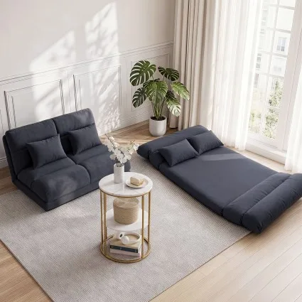 Artiss Floor Lounge Sofa Bed and 2-Tier Coffee Table Set Adjustable Charcoal White and Gold