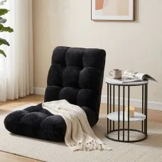 Artiss Sofa Bed Floor Lounge Recliner and 2-Tier Side Table Bundle Foldable Adjustable Black Flannel