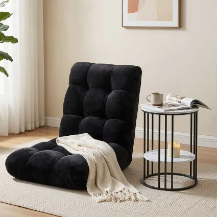 Artiss Sofa Bed Floor Lounge Recliner and 2-Tier Side Table Bundle Foldable Adjustable Black Flannel