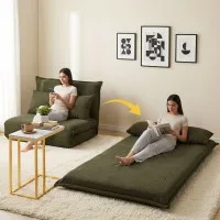 Artiss 2-Seater Floor Lounge Sofa Bed with 6-Level Backrest and Marble Effect Side Table Green