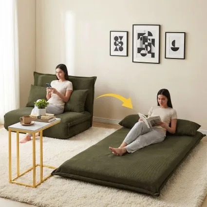 Artiss 2-Seater Floor Lounge Sofa Bed with 6-Level Backrest and Marble Effect Side Table Green