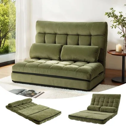 Artiss Green 2-Seater Lounge Sofa Bed - Adjustable, Faux Linen, Steel Frame, High Resilience Foam, Easy Storage