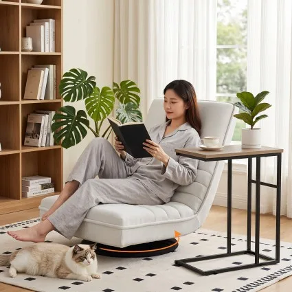 Artiss Floor Lounge and Coffee Table Set White Swivel Foldable Sofa Chair 150kg Walnut C-Shaped Side Table