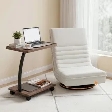 Artiss Floor Lounge and Side Table Set 150kg White Foldable 360° Swivel Chair with Mobile C Shape Table
