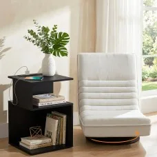 Artiss Swivel Floor Chair and Bedside Table Set with Charging Station, Foldable 360-Degree White Lounge