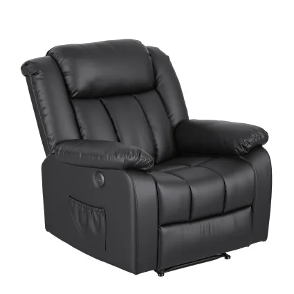 Artiss Manual Massage Recliner PU Leather 160° Recline 8-Point Vibration Lumbar Heat USB Ports Black