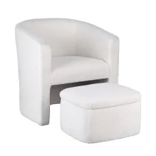 Artiss Bouclé Accent Armchair with Storage Ottoman Footrest Sherpa Fleece Upholstery 150kg White for Living Room