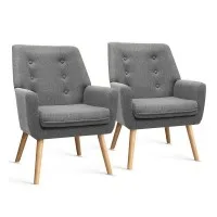 Artiss Anne Grey Armchair Set of 2 - Faux Linen, Full-Size, Tufted Design, Thick Foam, Rubber Wood Legs, 130kg Capacity