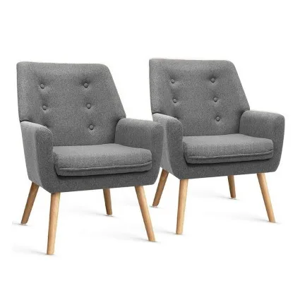 Artiss Anne Grey Armchair Set of 2 - Faux Linen, Full-Size, Tufted Design, Thick Foam, Rubber Wood Legs, 130kg Capacity