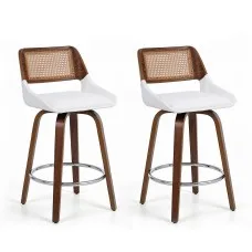 Artiss Wooden Swivel Bar Stools Set of 2 60cm Seat Height White PU Rattan Backrest Plywood Legs 2 Pack