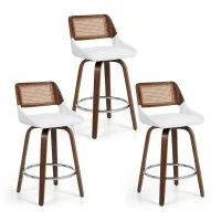 Artiss Set of 3 Wooden Swivel Bar Stools 60cm Seat Height White PU Rattan Backrest Plywood Legs Chrome Footrest