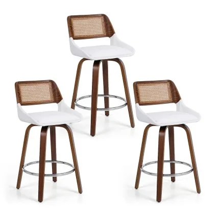 Artiss Set of 3 Wooden Swivel Bar Stools 60cm Seat Height White PU Rattan Backrest Plywood Legs Chrome Footrest
