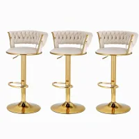 Artiss Vivien Bar Stools Set of 3 Adjustable Gas Lift 360 Degree Swivel Velvet Woven Backrest Ivory 150kg