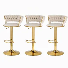 Artiss Vivien Bar Stools Set of 3 Adjustable Gas Lift 360 Degree Swivel Velvet Woven Backrest Ivory 150kg