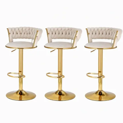 Artiss Vivien Bar Stools Set of 3 Adjustable Gas Lift 360 Degree Swivel Velvet Woven Backrest Ivory 150kg