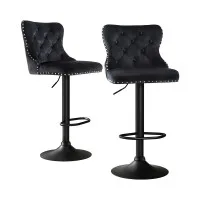 Artiss 2x Velvet Bar Stools Adjustable Height 63-83.5cm, Nailhead Trim, Metal Frame, Padded Seat, Black