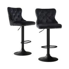 Artiss 2x Velvet Bar Stools Adjustable Height 63-83.5cm, Nailhead Trim, Metal Frame, Padded Seat, Black