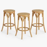 Artiss Apri Bar Stools Set of 3, 65cm Rattan Kitchen Dining Chairs with Footrests, Pine