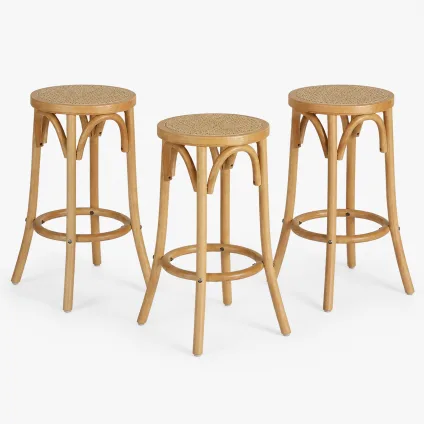 Artiss Apri Bar Stools Set of 3, 65cm Rattan Kitchen Dining Chairs with Footrests, Pine