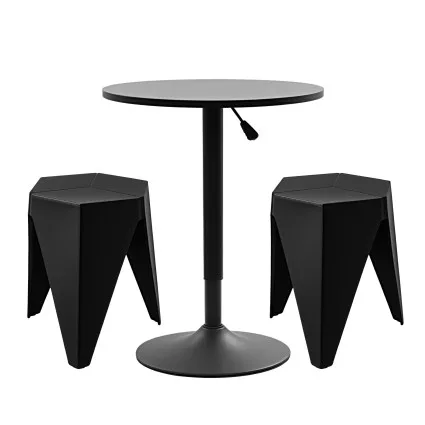 Artiss 3PC Bar Table and Stools Set Black Height Adjustable Swivel Top Stackable Stools for Kitchen Cafe