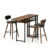 Artiss 3PCS Bar Table and 2 Stools Set Walnut Industrial MDF Top Steel Frame Wine Rack 140cm x 40cm x 92cm