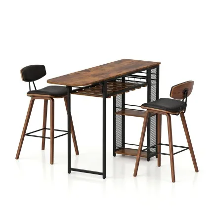 Artiss 3PCS Bar Table and 2 Stools Set Walnut Industrial MDF Top Steel Frame Wine Rack 140cm x 40cm x 92cm