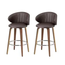 Set of 2 Artiss Bar Stools Dining Chairs PU Leather Walnut Wood 65cm Padded Seat Ergonomic Backrest Brown