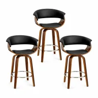 Artiss Wooden Bar Stools Set of 3 65cm Black PU Leather Swivel Kitchen Island Dining Chairs with Armrests