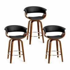 Artiss Wooden Bar Stools Set of 3 65cm Black PU Leather Swivel Kitchen Island Dining Chairs with Armrests