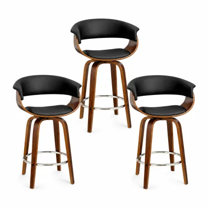 Artiss Wooden Bar Stools Set of 3 65cm Black PU Leather Swivel Kitchen Island Dining Chairs with Armrests