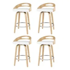 Artiss Set of 4 Swivel Bar Stools, White PU Leather, Low Back, Plywood Legs, 64cm Seat, Modern Dining Chairs
