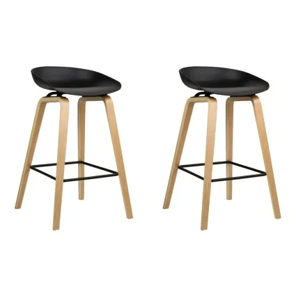 Artiss 2x Bar Stools Black, 67cm Seat, Wooden Legs, PP Plastic Seat, Metal Footrest, Anti-Slip Protectors, Modern Design
