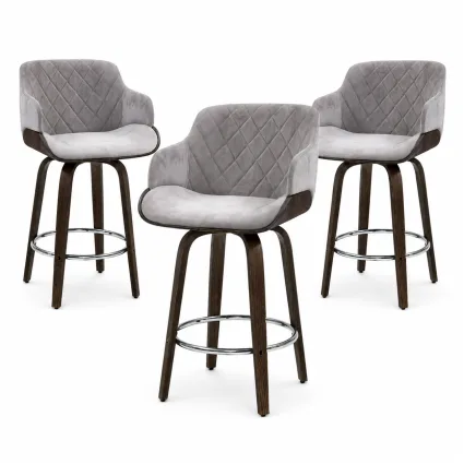 Artiss Set of 3 70cm Bar Stools Swivel Velvet Dining Chairs with Chrome Footrests and Anti-Slip Feet Grey